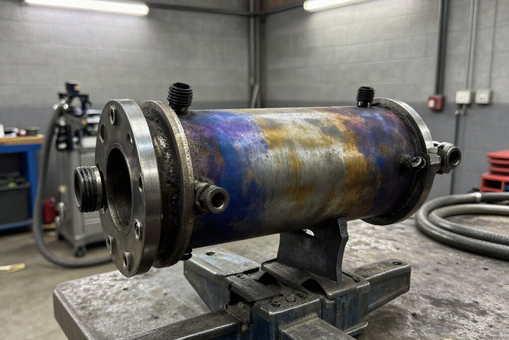 DPF unit removed for off-vehicle cleaning, clamped on a workshop bench in a UK garage