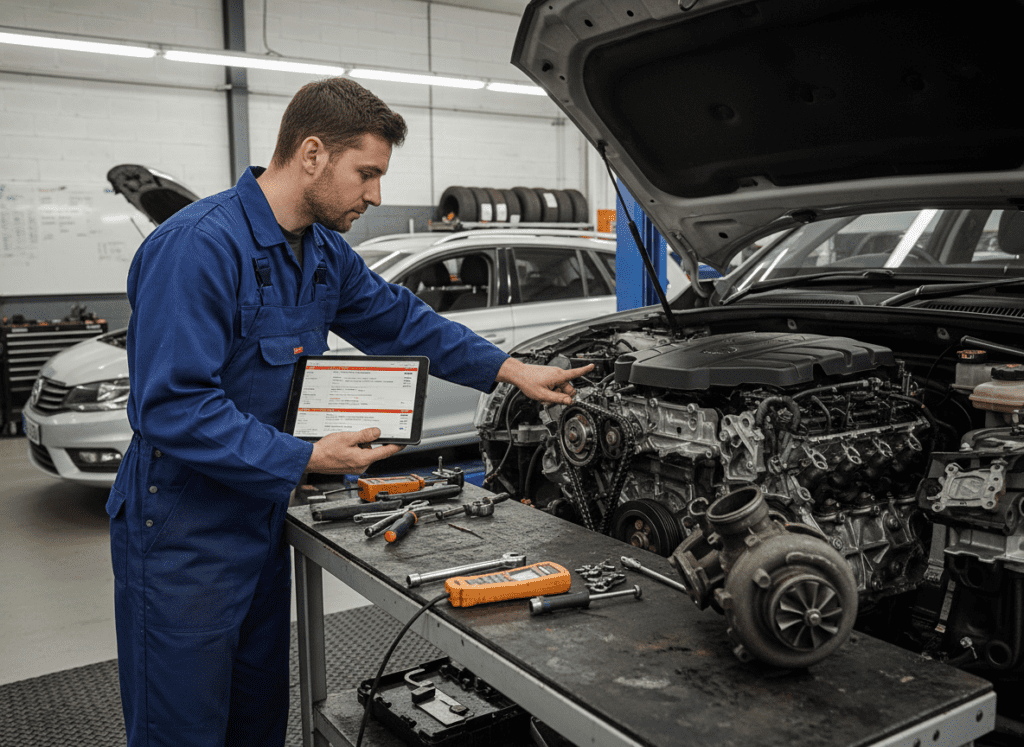 Diesel engine with timing chain and turbo fault under inspection