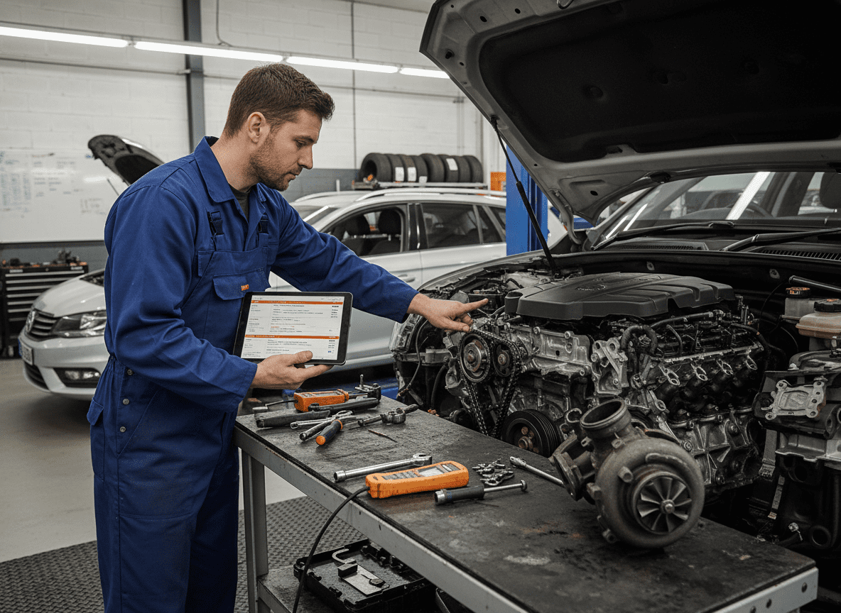 Diesel engine with timing chain and turbo fault under inspection