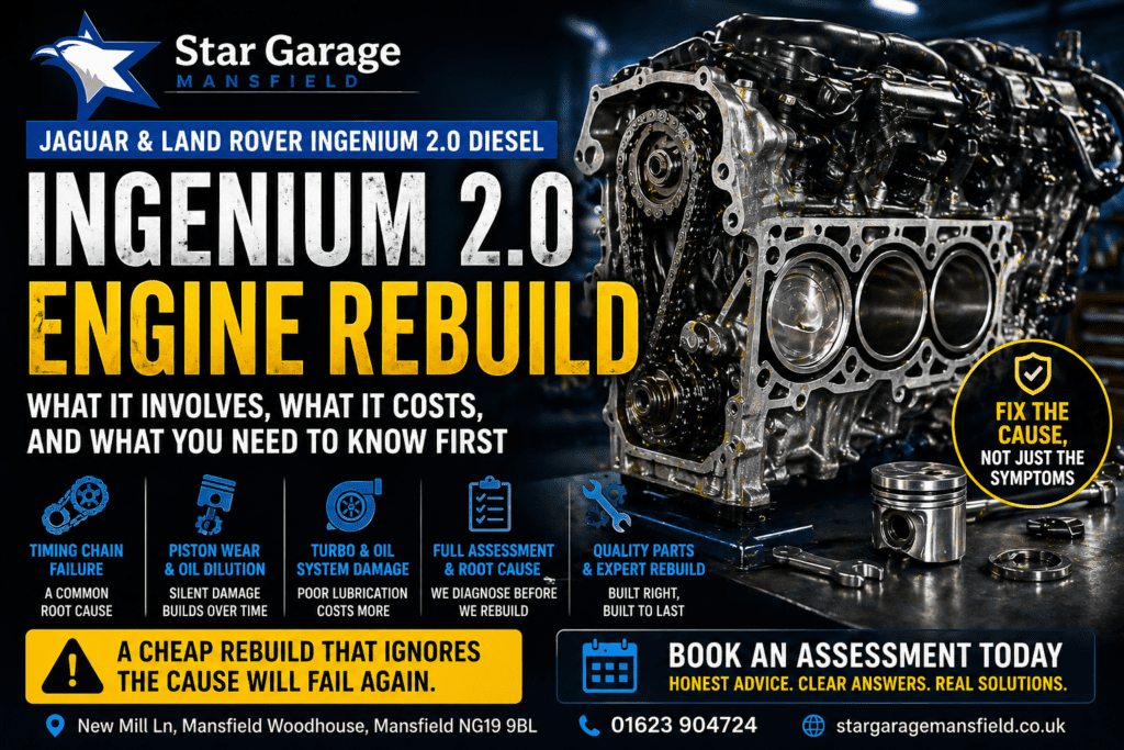 Technician rebuilding a Jaguar Land Rover Ingenium 2.0 diesel engine