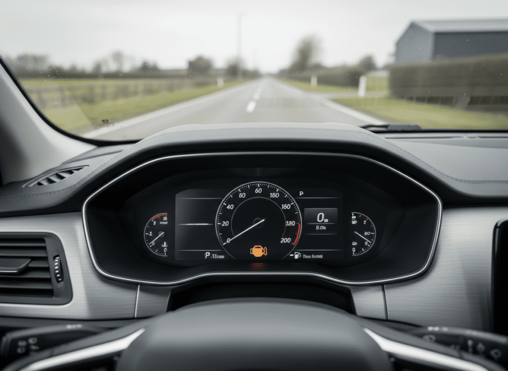 Engine management warning light illuminated on car dashboard