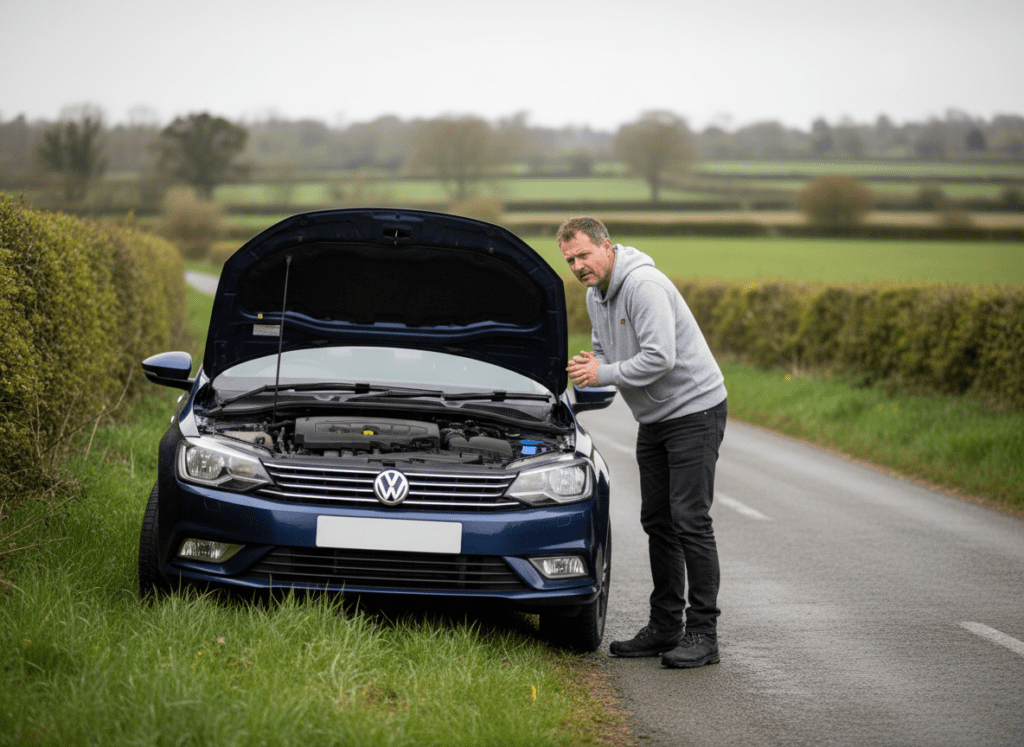 Diesel car broken down on roadside with hazard lights flashing