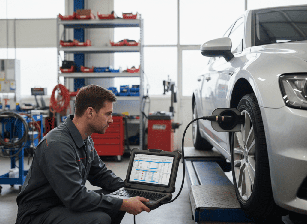Technician connecting a laptop to vehicle OBD diagnostic port