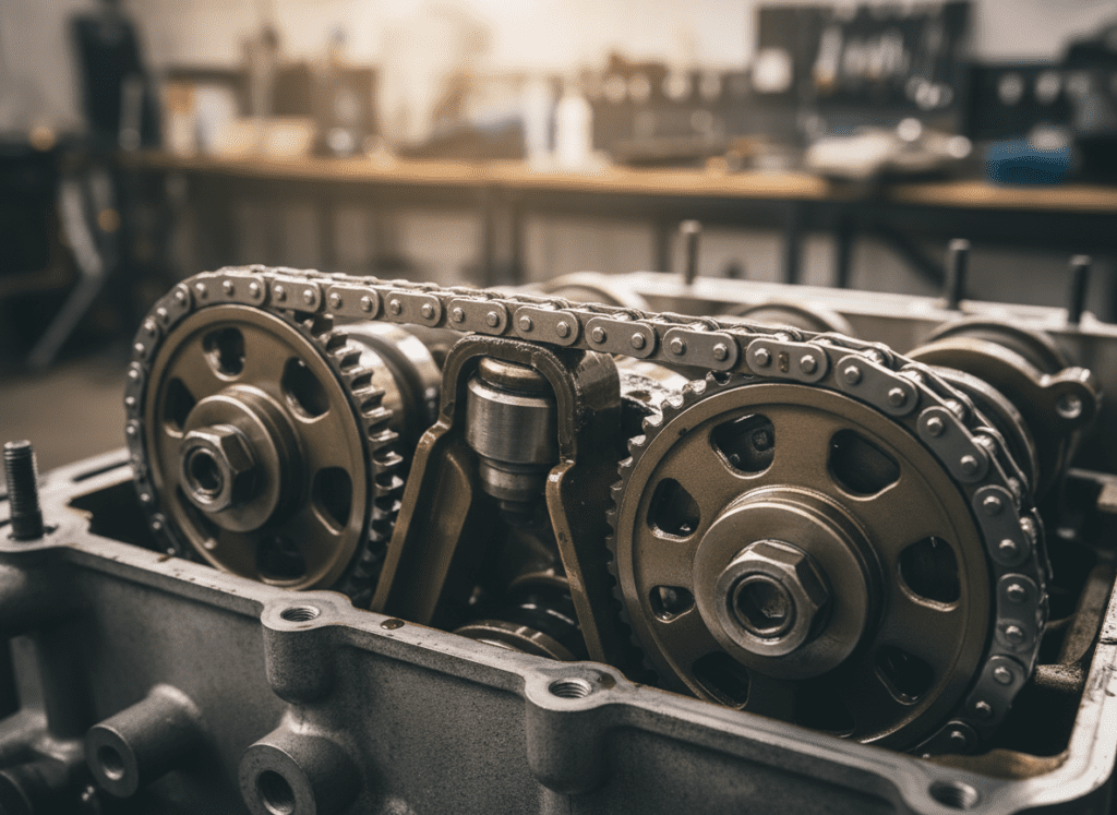 Close-up of timing chain showing wear and slack