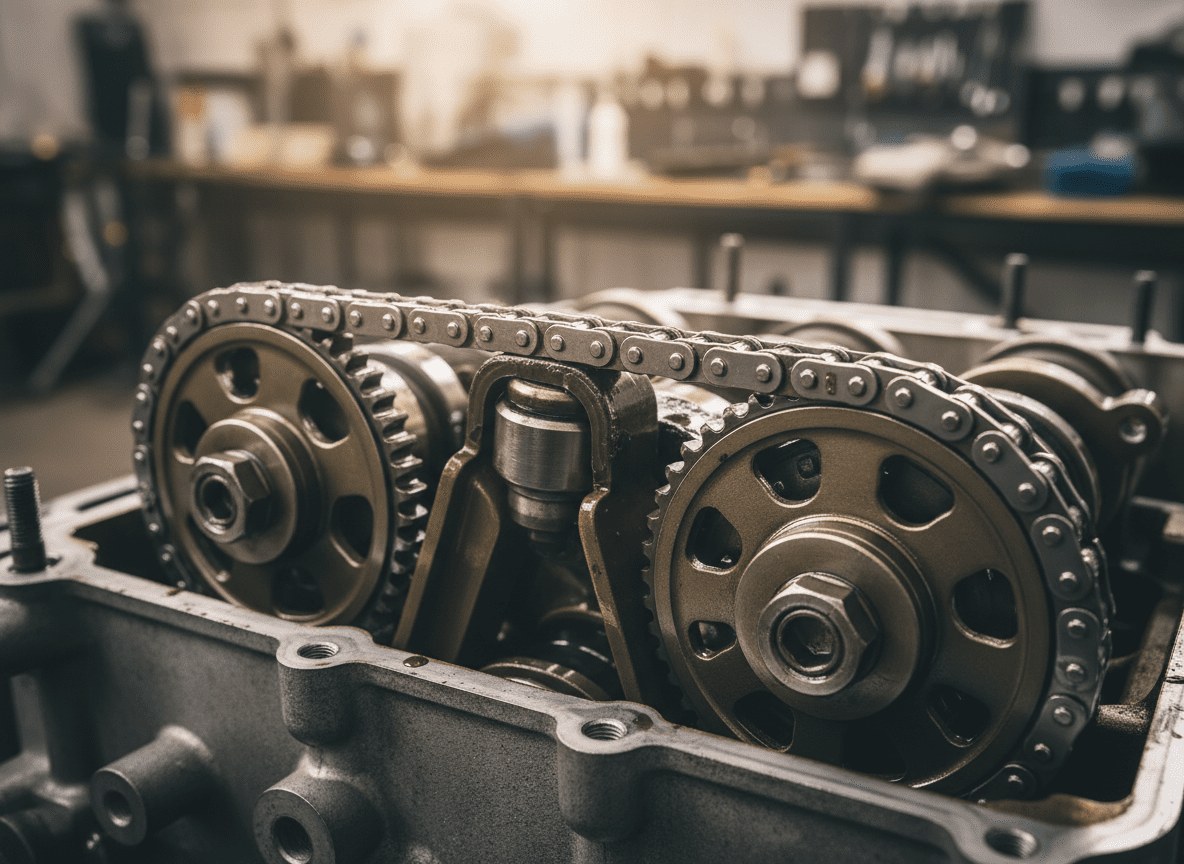 Close-up of engine timing chain links showing wear and stretch