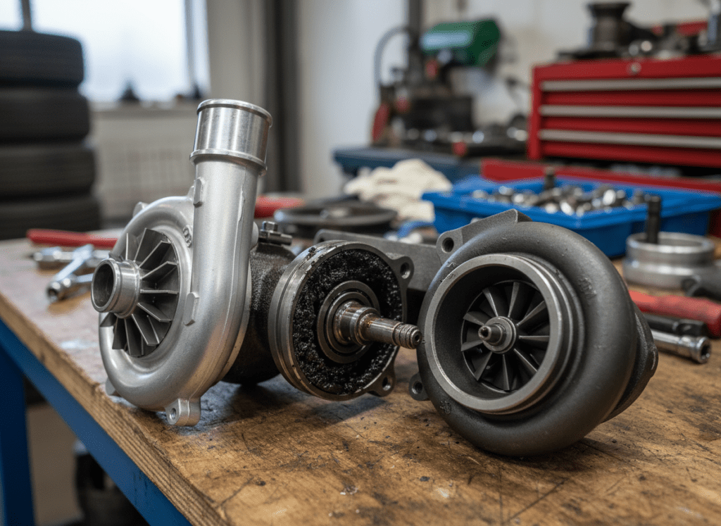Removed turbocharger on workshop bench ready for inspection