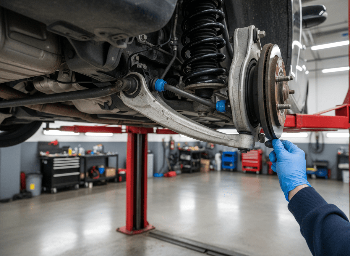 Mechanic inspecting vehicle suspension components from underneath