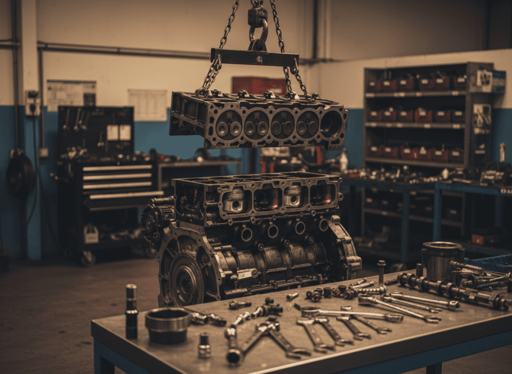 Diesel engine cylinder head removed during engine rebuild