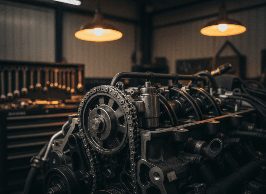 Timing chain tensioner assembly removed from a diesel engine