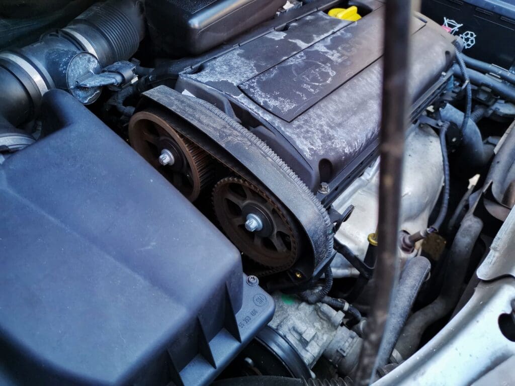 Wet belt timing belt removed from car engine showing rubber degradation — Star Garage Mansfield