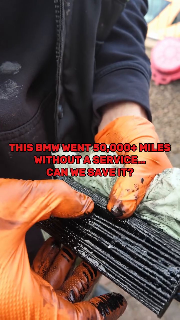 Oil filter clogged with engine sludge from a BMW 640d that went 50,000 miles without a service